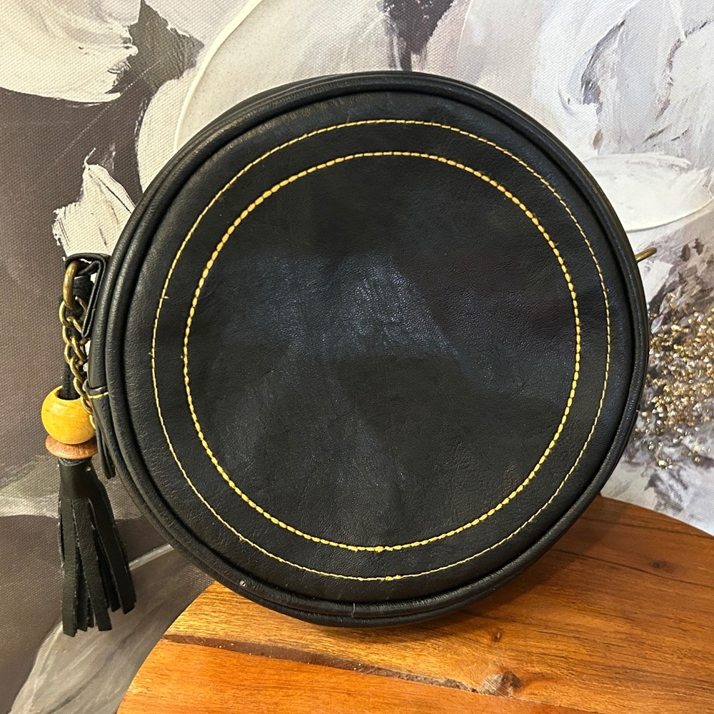 Black Fashionable Round Circle Bag, Crossbody with Tassel Detail